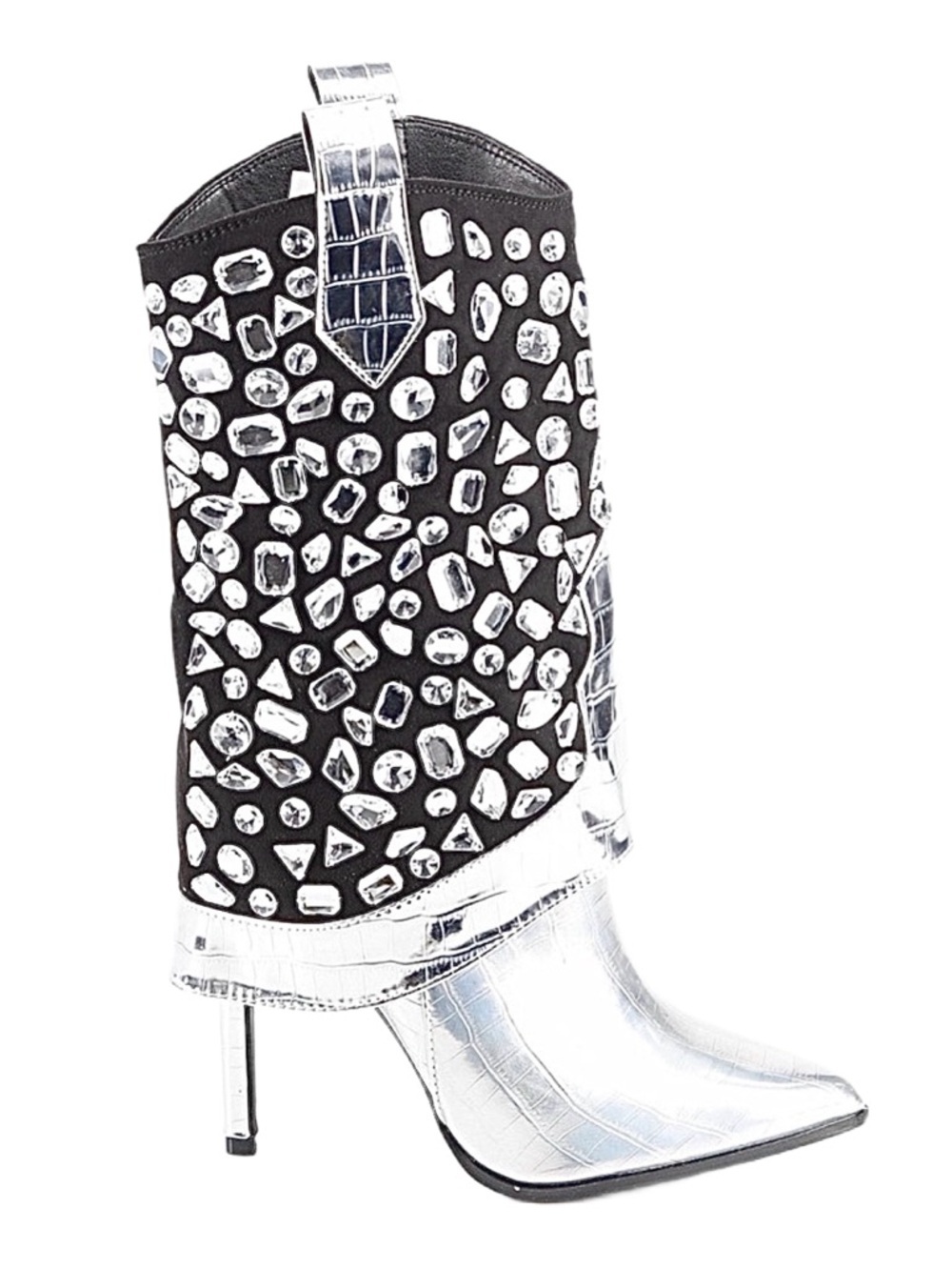Lauren Lorraine Silver Crystal Rhinestone Western Stiletto Boots Black Suede - Picture 7 of 11